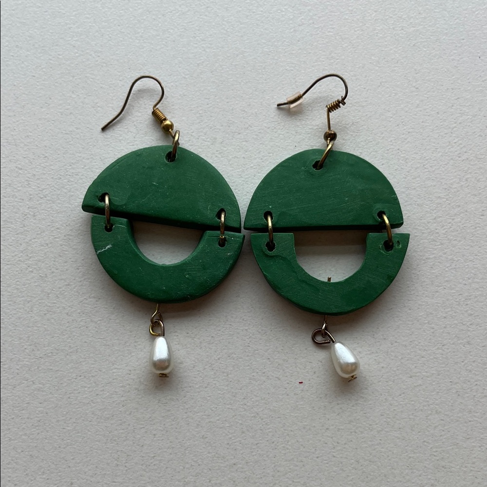 Green Clay Dangle Earrings with Pearl Accent